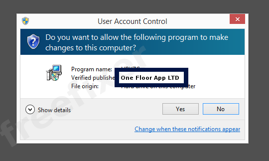 Screenshot where One Floor App LTD appears as the verified publisher in the UAC dialog